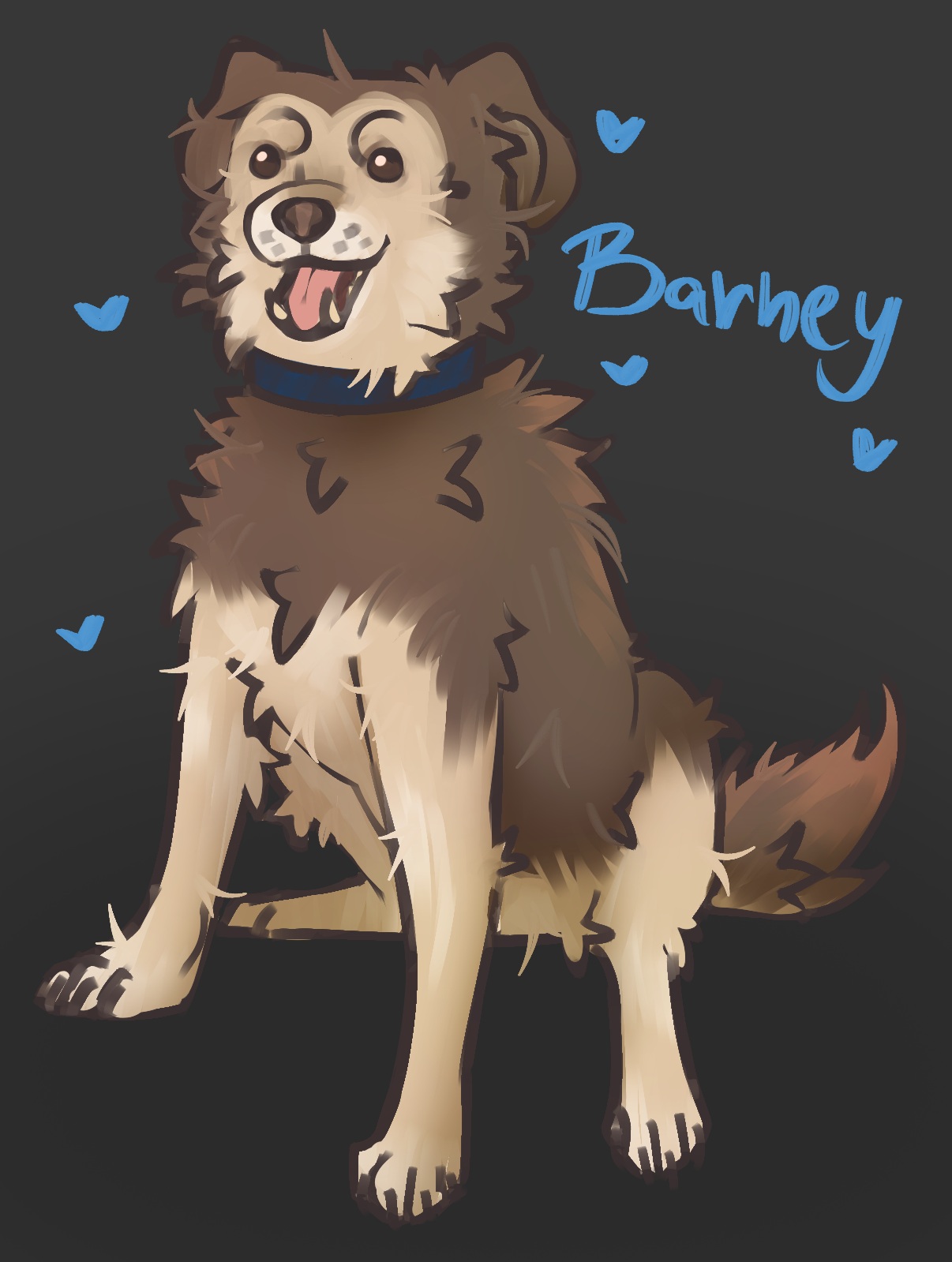 drawing of a furry dark brown dog with a lighter brown underbelly and face called barney